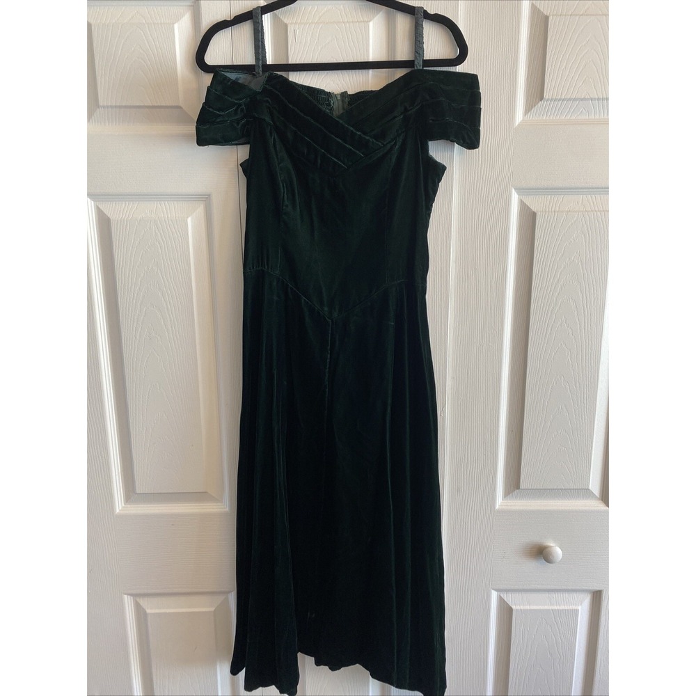 Vintage Moda International Womens 10 Green Velour Velvet Off Shoulder Midi Dress